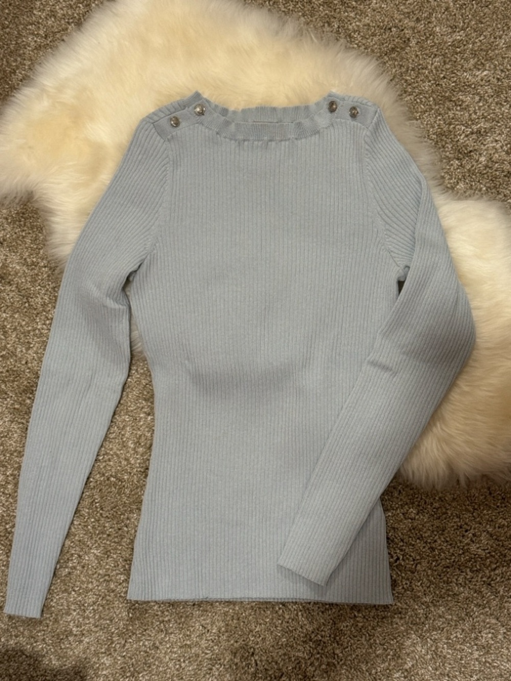 H&M Light Blue Gray Ribbed Button-Shoulder Boatneck Spring Sweater Size S